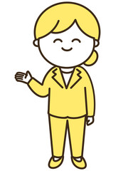 にっこり笑顔で案内するパンツスーツの女性のシンプルイラスト　イエロー