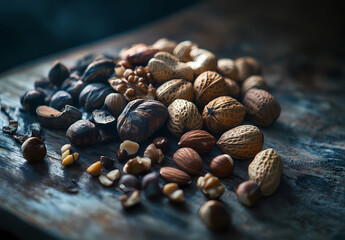 A close-up of various nuts on an old wooden table, showcasing their rich textures and natural beauty