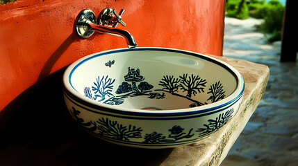 A green circular vessel sink is situated next to a pink coral wall on a stone countertop that is wall mounted. Memphis, modern bathroom interior design in a minimalistic style