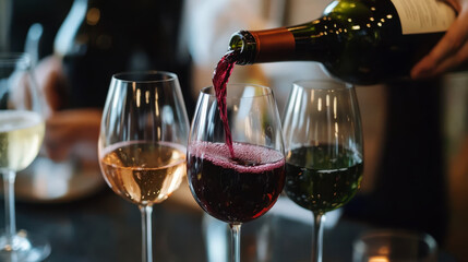 A bottle of red wine is being poured into a wine glass