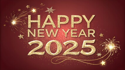 sparkling and shine gold  text "happy new year 2025" on red solid background. happy new year backdrop