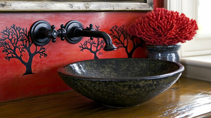 A green circular vessel sink is situated next to a pink coral wall on a stone countertop that is wall mounted. Memphis, modern bathroom interior design in a minimalistic style