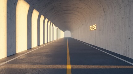 Obraz premium A long, illuminated tunnel extends into the distance, featuring a road with a central line and a glowing number on the wall.