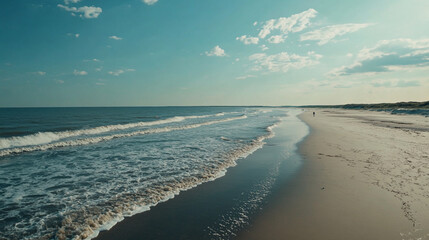 turquoise water under a clear blue sky, Unpolluted Beach Landscape in Serene Nature with sky and water wave on the ocean, A serene beach on an island with gentle waves and clear morning sky.