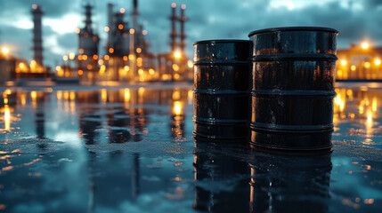 Oil drums filled with oil, distant petrochemical plant