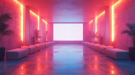 Minimalist illustration of a futuristic cinema hall with a giant white screen isolated with no visuals projected creating a sleek and modern look