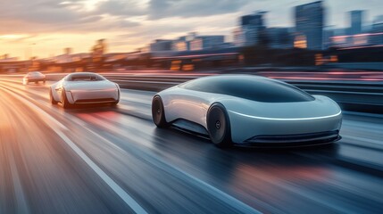 Obraz premium Sleek modern car seamlessly merging with another on futuristic highway, symbolizing technological integration and innovation in automotive design and transportation advancements.