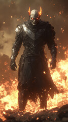 Naklejka premium fierce demon with fiery horns stands amidst flames