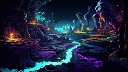 Alien Landscape With Glowing Mushrooms And River