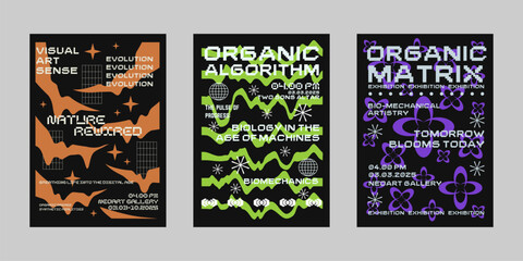 Brutalism poster set, Modern brochure for print. Retrofuturism graphic for promo event and music. Streetwear poster bundle. Event poster vector set.