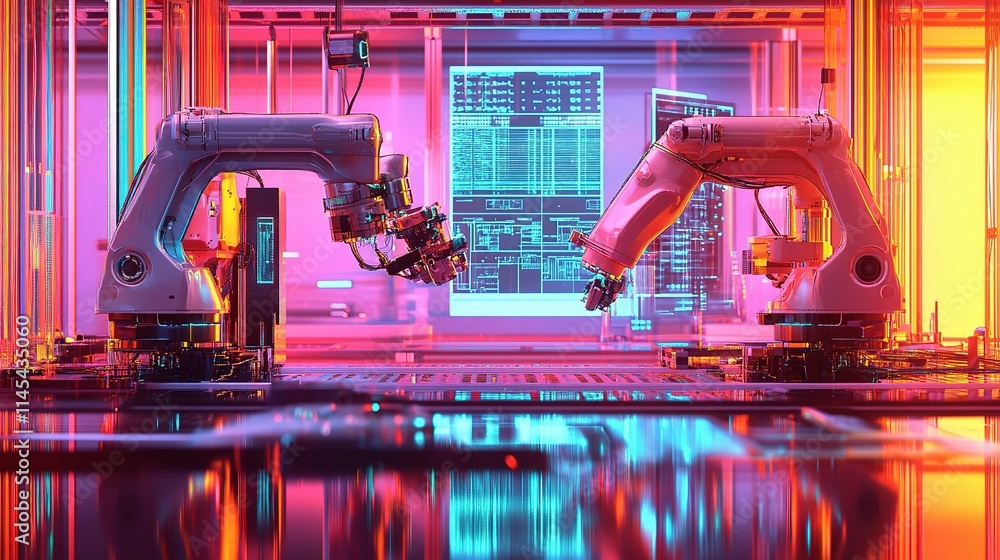 Poster advanced automation robots with intelligent arms performing tasks