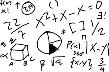 hand drawn numbers mathematic. set of mathematical symbols in doodle style