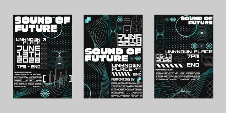 Brutalism poster set, Streetwear poster bundle. Futuristic poster flyer for print. Modern brochure for print. Retrofuturism graphic for promo event and music. Event poster vector set.