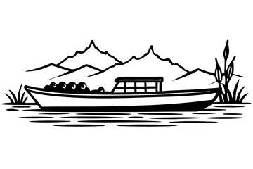 A boat on a calm lake flat vector art silhouette illustration on white background 08