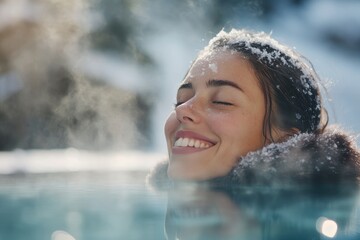 Fototapeta premium Smiling woman in snowy hot spring, enjoying winter wellness. Perfect for travel, spa, and winter relaxation themes.
