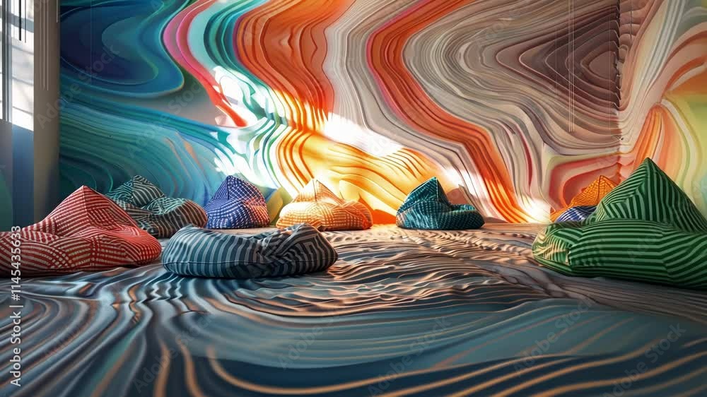 Poster a lounge area with bean bags and cushions arranged in a chaotic and nonlinear pattern reflecting the
