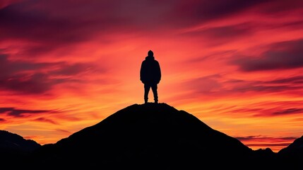 Silhouette of a traveler on a mountain peak at sunrise, radiant sky symbolizing hope, anticipation, emotion, journey