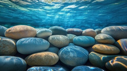 Underwater stones create serene and tranquil atmosphere, showcasing natures beauty
