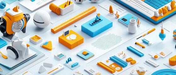 Obraz premium Isometric 3D Render of Office Supplies and Gadgets.