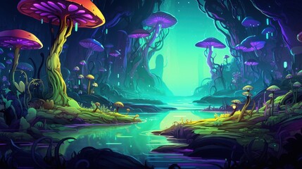 Bioluminescent Mushrooms Illuminate Enchanting Fantasy River
