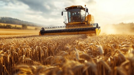 Fototapeta premium Combine Harvester Working in a Golden Field of Wheat