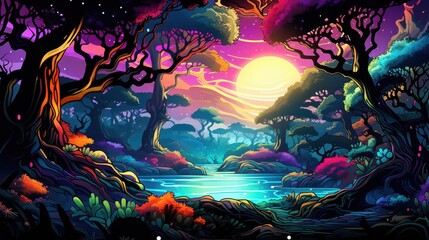 Vibrant Fantasy Forest Landscape With Moonlit River