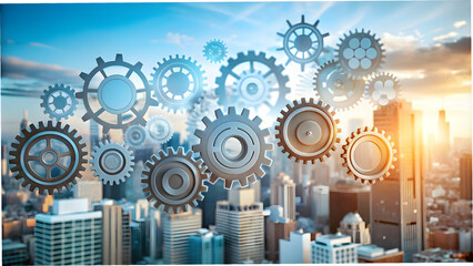 City Skyline with Interlocking Gears Symbolizing Urban Integration and Cyber Resilience