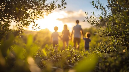 Family Silhouettes at Sunset in Olive Grove
