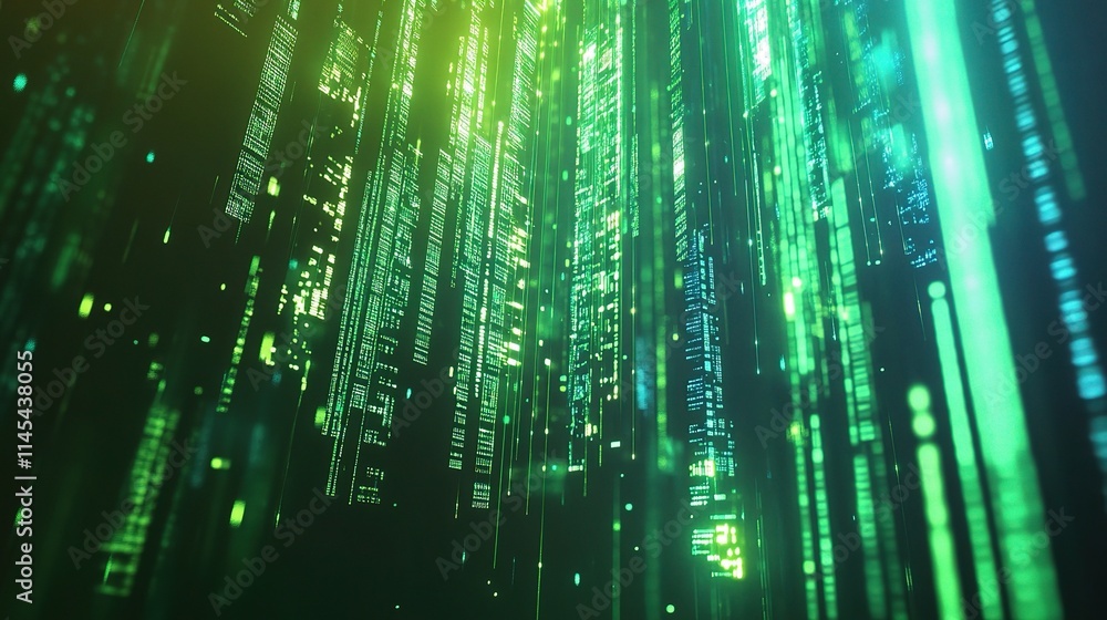Poster digital interface analysis with green and blue light patterns