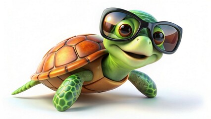 A vibrant cartoon turtle sporting sunglasses, bringing cheerful vibes on a crisp white background