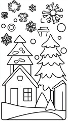 Fototapeta premium Winter Wonderland Coloring Page House, Trees, and Snowflakes