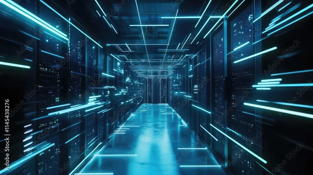 Poster Abstract digital technology background with a glowing data center server room and cloud computing concept. Blue lights in a dark, futuristic corridor evoke cyber security and virtual interface design