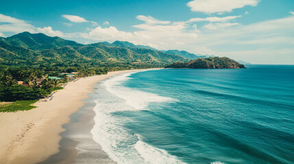 turquoise water under a clear blue sky, Unpolluted Beach Landscape in Serene Nature with sky and water wave on the ocean, A serene beach on an island with gentle waves and clear morning sky.