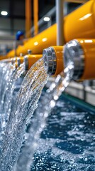 Water flows from yellow pipes into a tank, showcasing an industrial water treatment process.