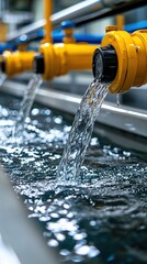 Water flows from industrial pipes into a tank, showcasing a water management system.