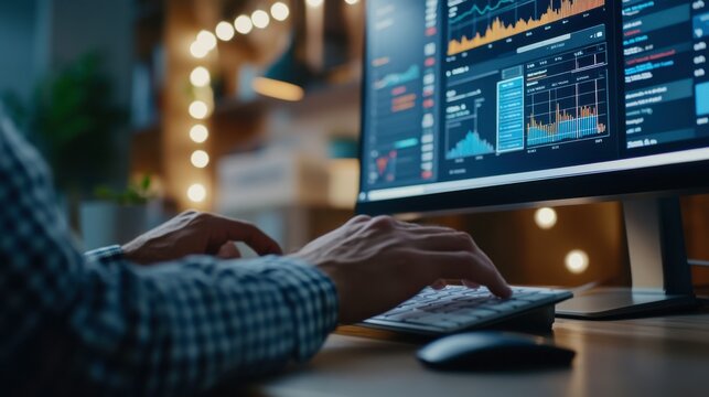 Nightly Data Analysis: A close-up shot of hands diligently working on a computer displaying complex data charts and graphs, suggesting late-night work and dedication to data analysis. - Powered by Adobe