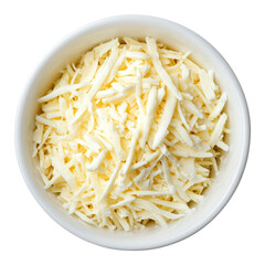 Mozzarella cheese shredded in a white bowl top view isolated on transparent white background, clipping path