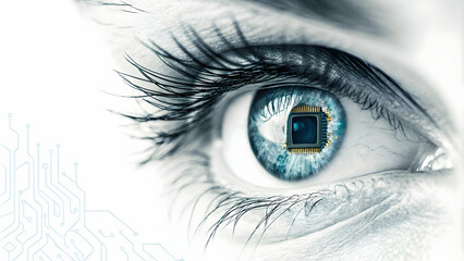 Fototapeta premium Macro image of an eye with a microchip iris and copy space concept as A close up shot of an eye where the iris resembles a microchip symbolizing advanced technology and human integration; ample copy s