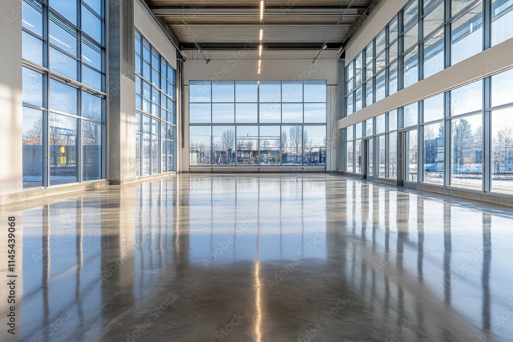 Poster large empty space with polished concrete floor and expansive windows. ideal for showcasing commercia