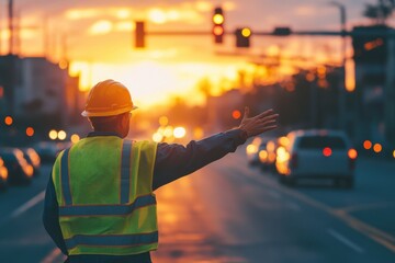 Construction worker signals traffic at sunset. Illustrates road safety and construction management.