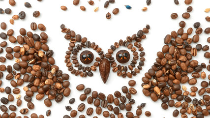 an arrangement of coffee beans and colorful seeds, forming an owl shape on a white background. Clear facial details, prominent eyes, 8K clarity, bright studio light.