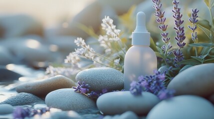 Obraz premium Lavender Essential Oil: A serene and calming image featuring a dropper bottle of lavender essential oil, surrounded by delicate lavender flowers and smooth grey stones.