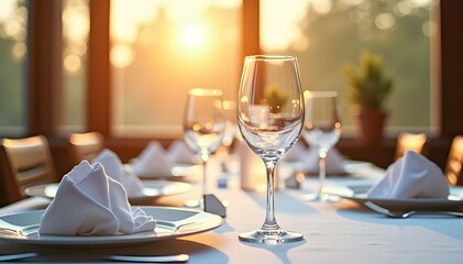 Golden Hour Elegance: A romantic dinner setting bathed in sunset's warm glow.