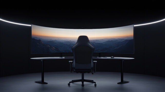 sleek gaming setup featuring curved ultra wide monitor, ergonomic chair, and modern desk, perfect for immersive experiences