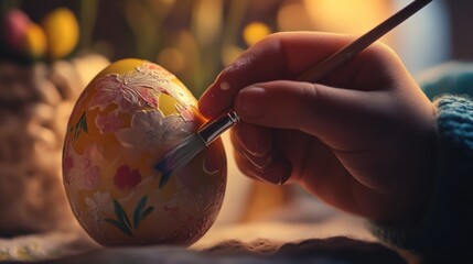 Easter Egg Painting: Close-up of a hand carefully decorating an Easter egg with a brush, showcasing the artistry and tradition of this beloved holiday.  