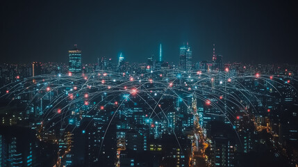 Obraz premium Smart digital Innovation city with connection network reciprocity over the cityscape. of future smart wireless city and social media networking systems that connects business people with in city