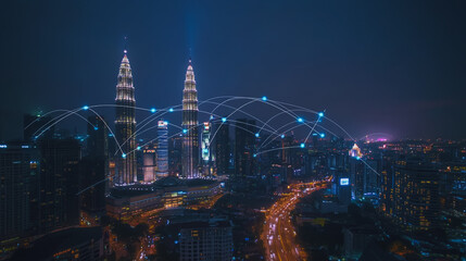 Fototapeta premium Smart digital Innovation city with connection network reciprocity over the cityscape. of future smart wireless city and social media networking systems that connects business people with in city
