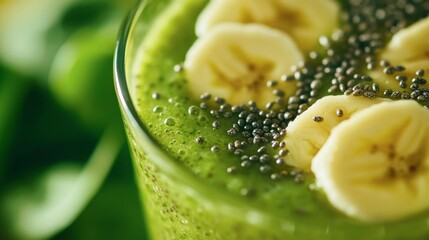 Green Smoothie Delight: A close-up shot of a refreshing green smoothie, bursting with vibrant color and topped with fresh banana slices and chia seeds. The image evokes a sense of health, vitality.