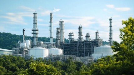 Fototapeta premium Chimneys and pipelines in petrochemical plants