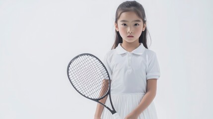 Young Girl in White Dress Holding Tennis Racket on White Background